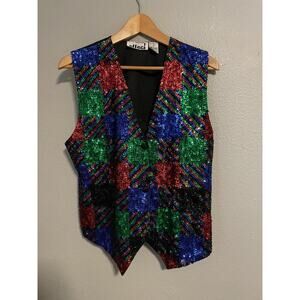 VTG Effect Vest Mens Medium Multicolor Sequin Plaid Adjustable Party Waistcoat